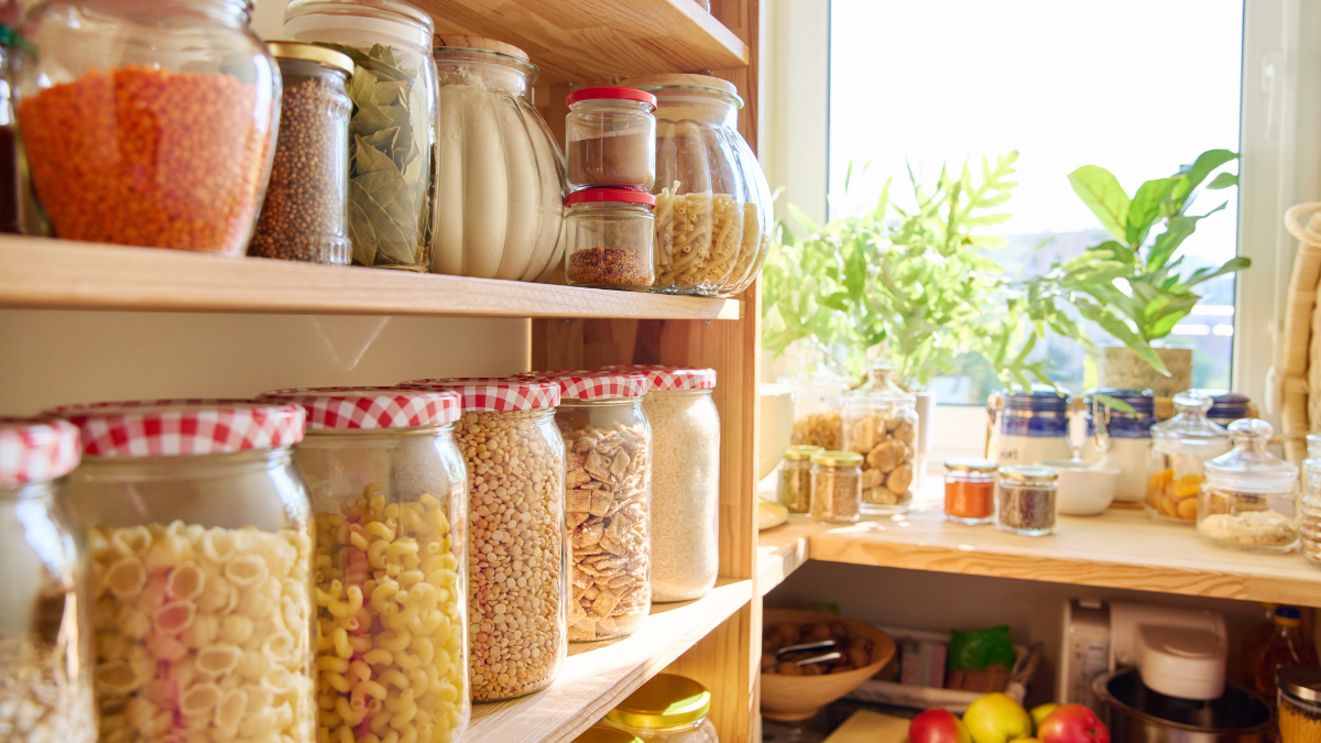 Shelves of food in kitchn pantry